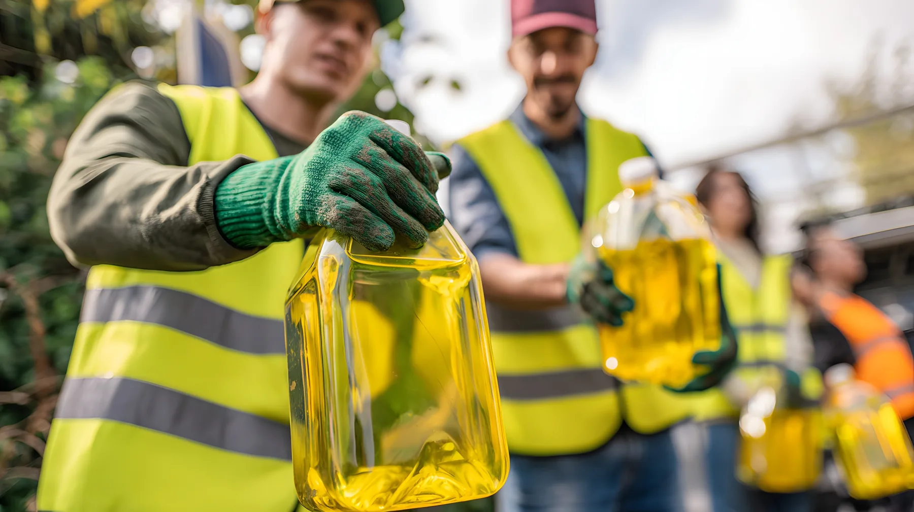 Two workers in high-visibility vests holding containers of used cooking oil at a collection point