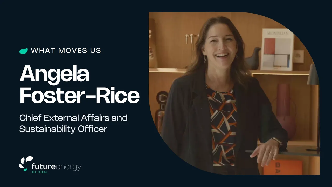 Angela Foster-Rice smiling in front of a bookshelf, beside the film title: What Moves Us, Angela Foster-Rice, Chief External Affairs and Sustainability Officer