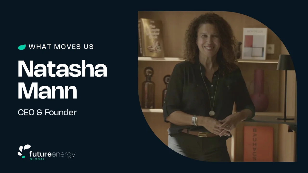 Natasha Mann smiling in front of a bookshelf, beside the film title: What Moves Us, Natasha Mann, CEO and Founder