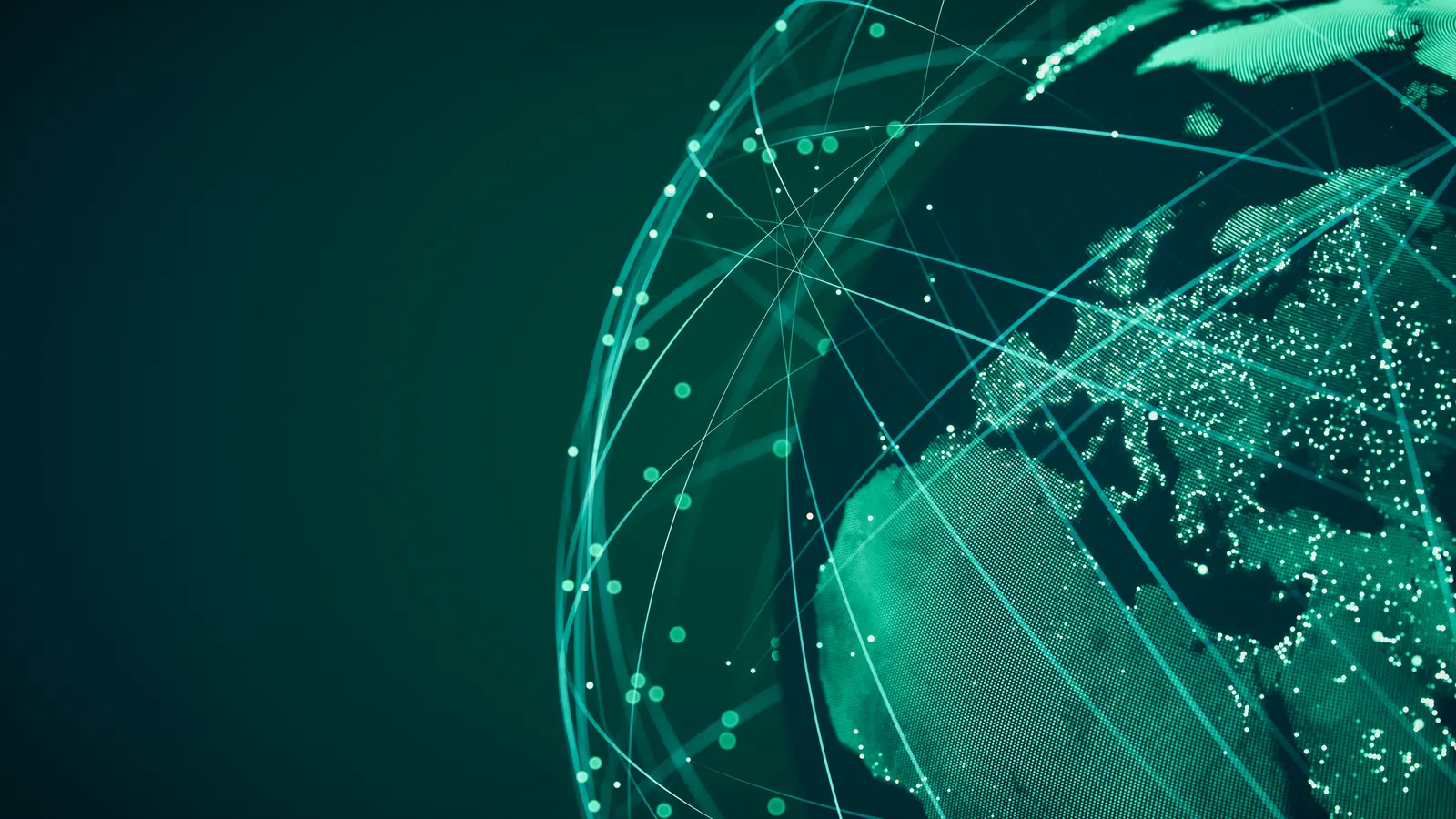 A globe traced with connection routes arcing between continents