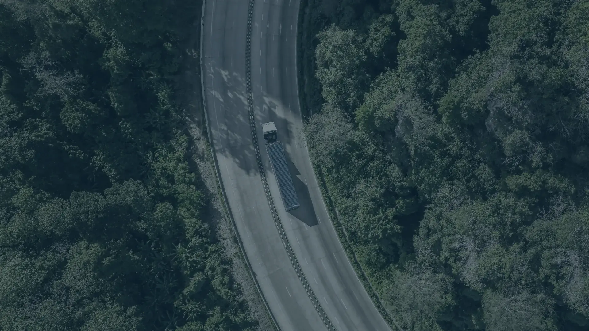 A freight lorry on a highway winding through forest, seen from above