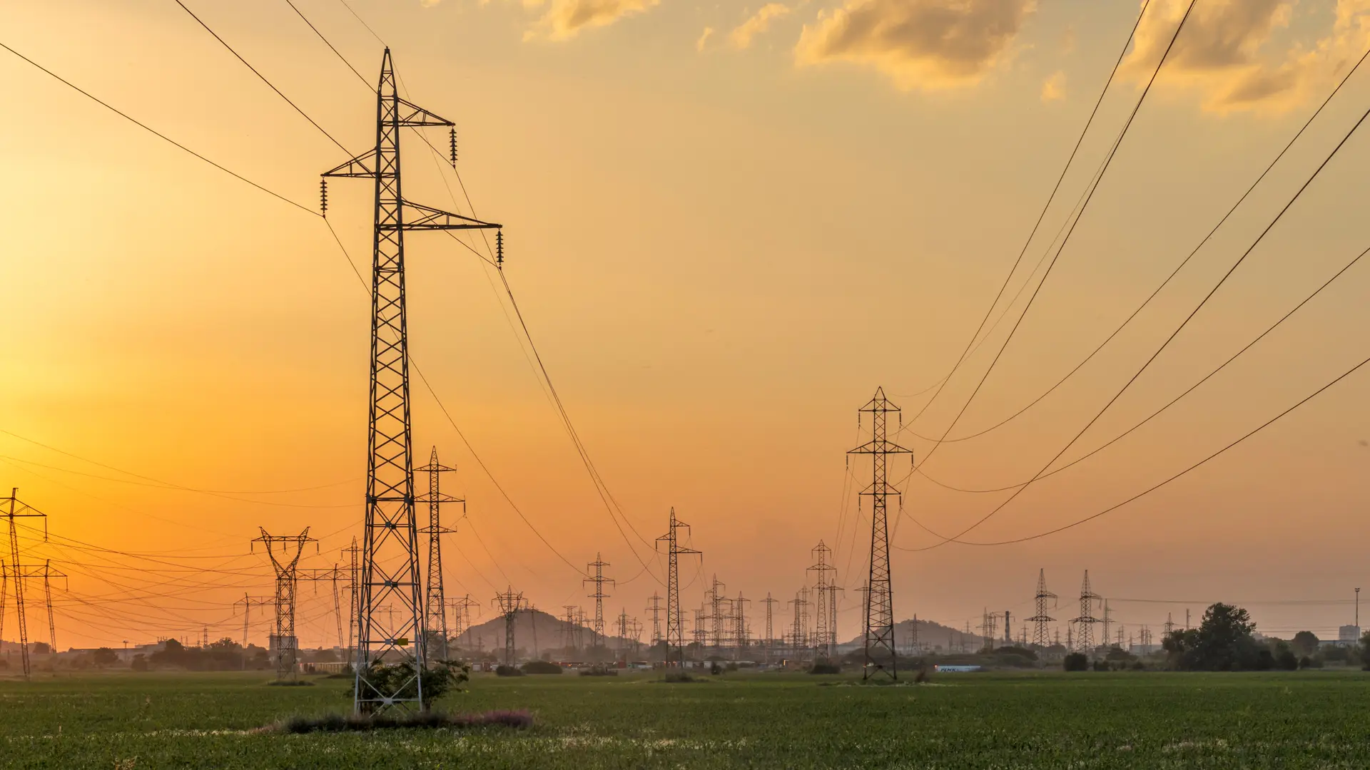 Transmission pylons crossing farmland at dusk