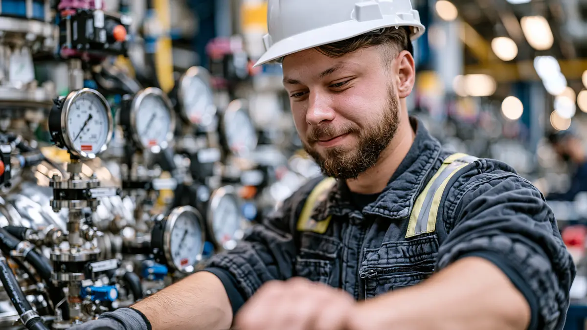 A technician reading pressure gauges in a process plant